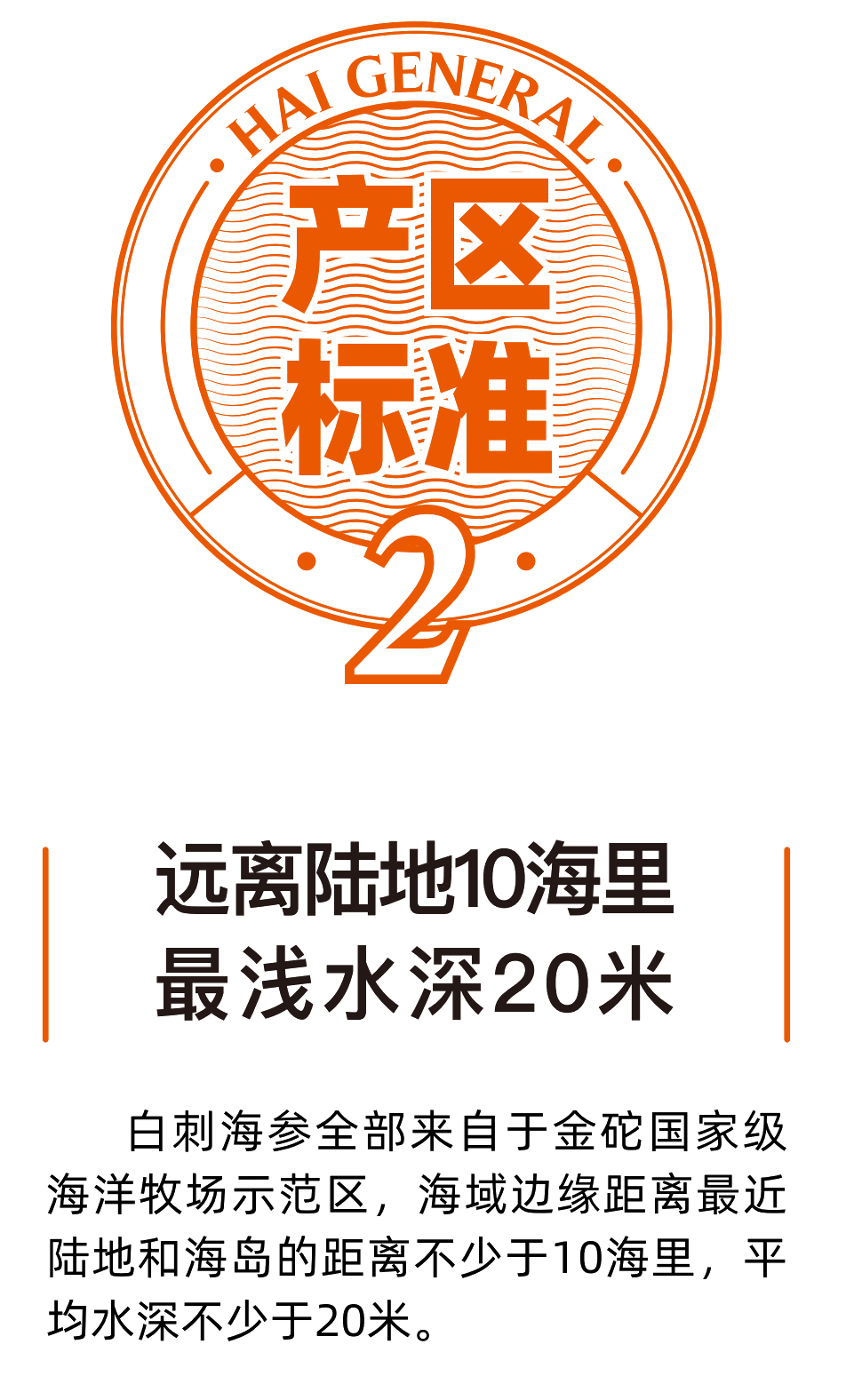海将军海参的产地标准：远离陆地10海里，最浅水深20米。白刺海参全部来直于金础国家级海洋牧场示范区，海城边缘距离最近陆地和海岛的距离不少于10海里，平均水深不少于20米。